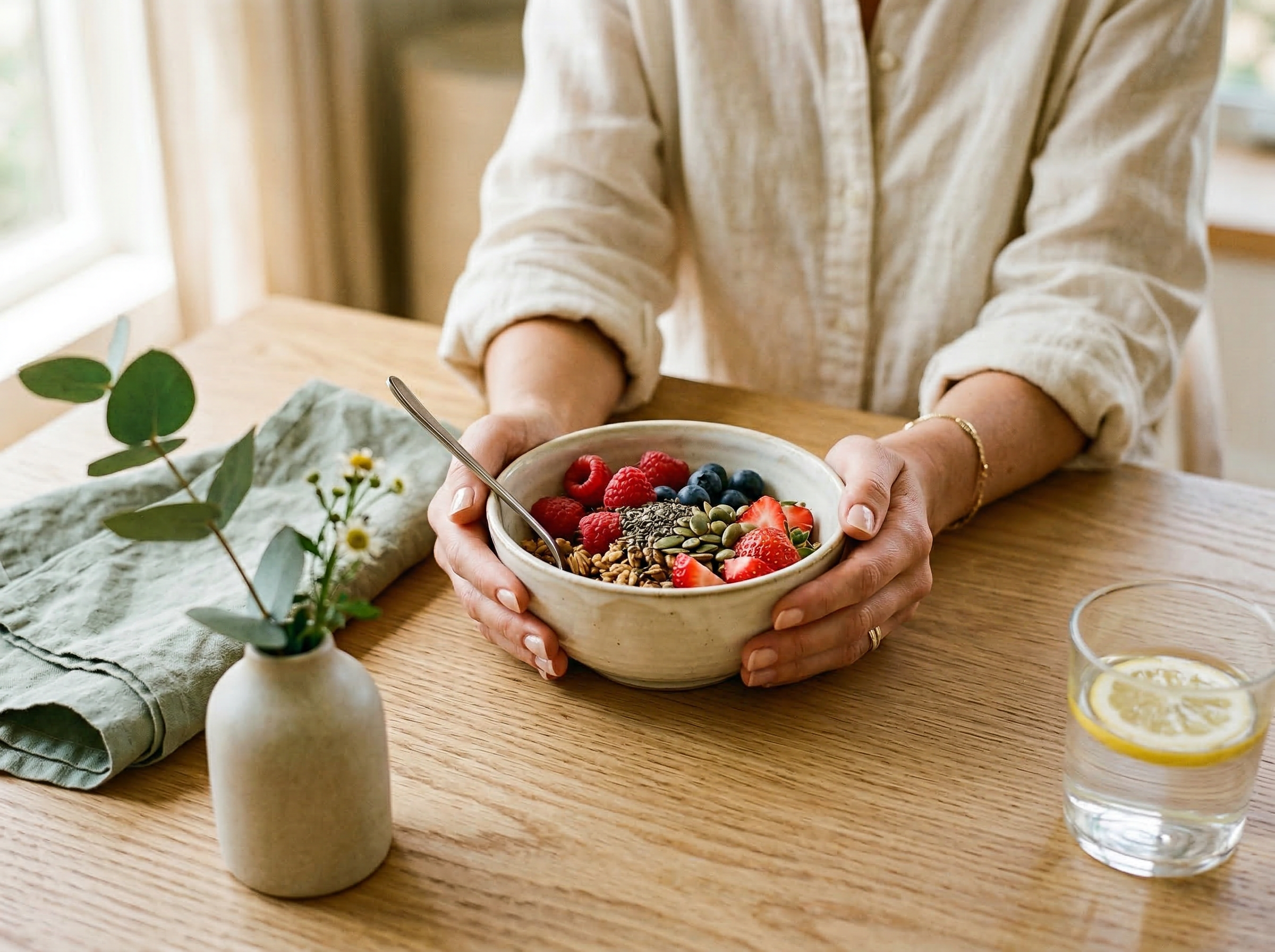 Hands holding a ceramic bowl of fresh berries and granola at a sunlit table with eucalyptus and lemon water