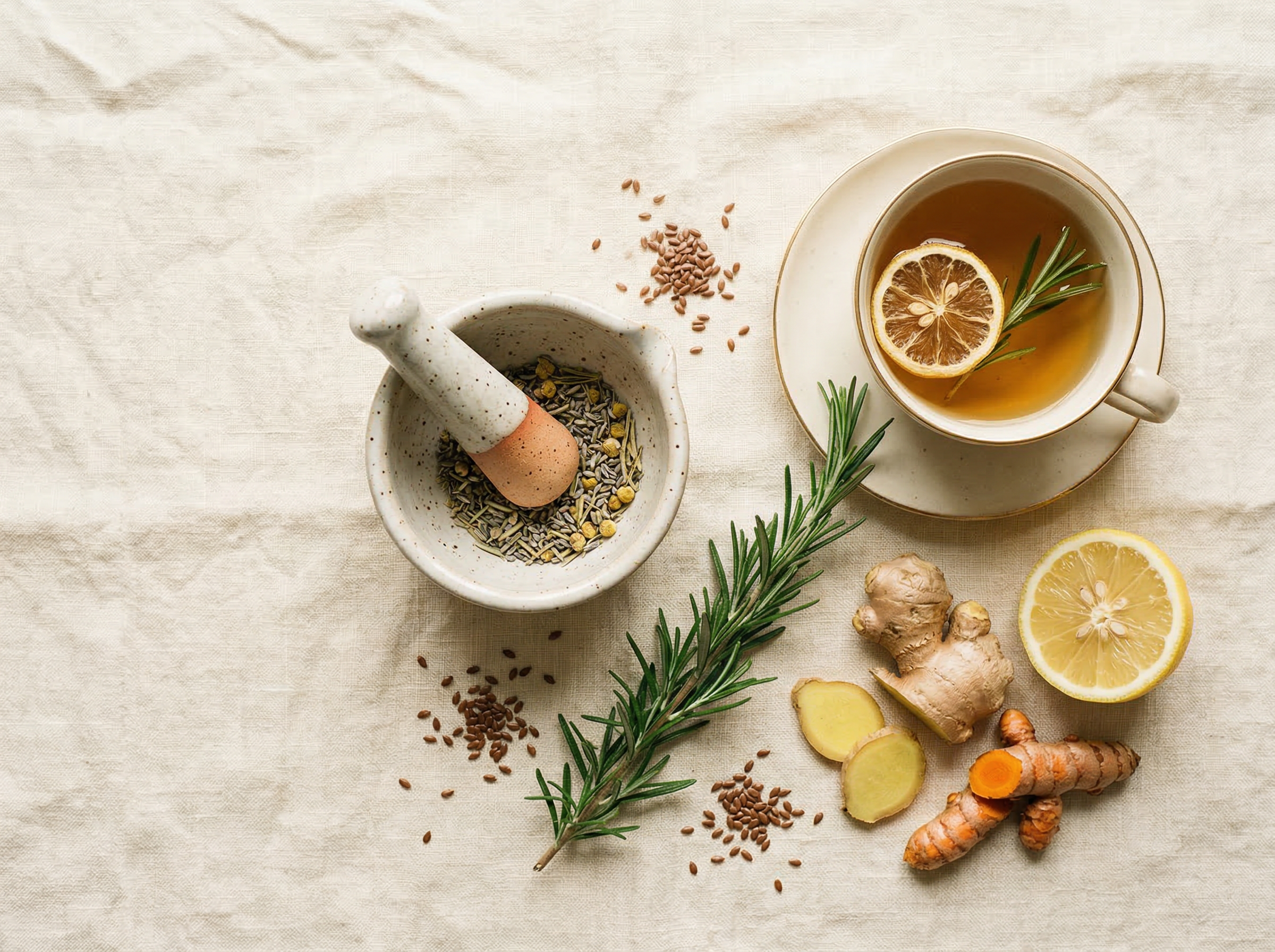 Mortar and pestle with dried herbs, ginger, turmeric, and herbal tea on linen
